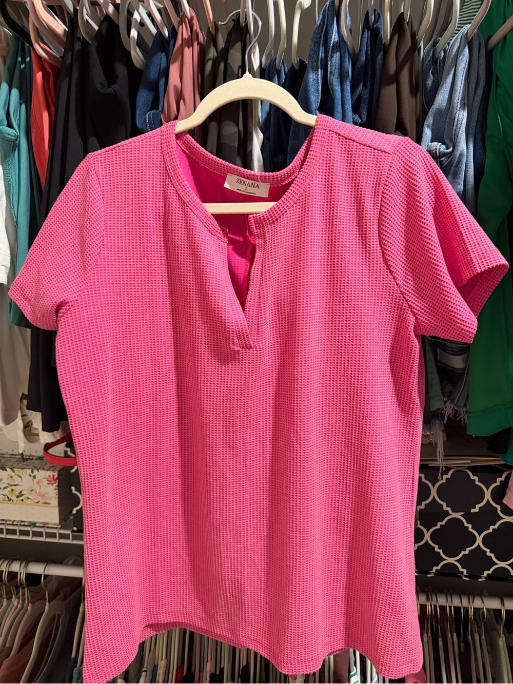 Zenana Outfitters Hot Pink Waffle-Knit Short Sleeve Top